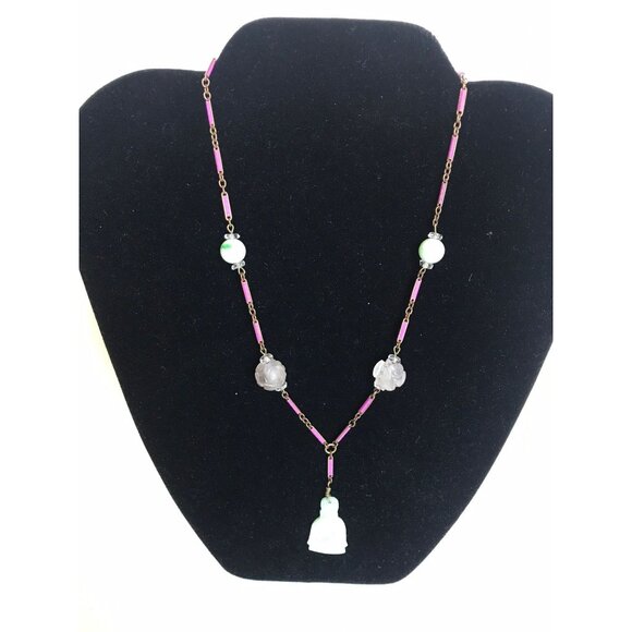 Vintage Carved Jadeite Sitting Buddha And Rose Quartz Enamel Y Necklace - Picture 1 of 10